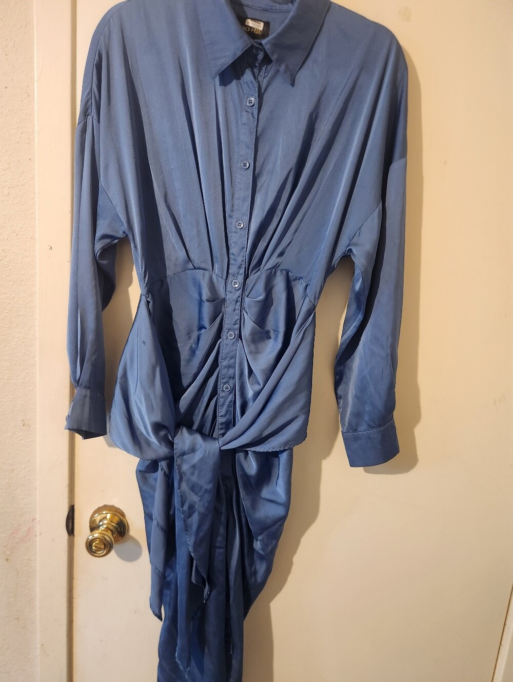 Blue Draped Front Tie Women's Button Front Dress Sz M